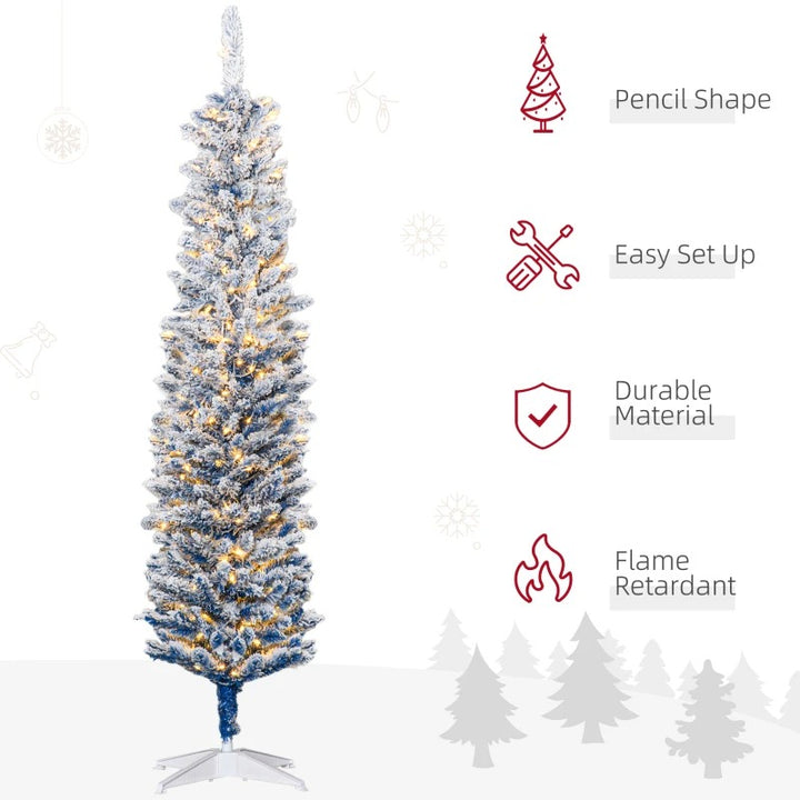 6ft 360-Tip Pre-lit Snow Flocked Artificial Pencil Christmas Holiday Tree, 200 LED Lights, Blue