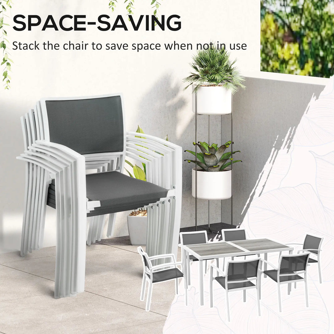 7pc, 6-Seat Steel Outdoor Patio Dining Set w Composite Tabletop, 6 Stackable Chairs, White, Grey