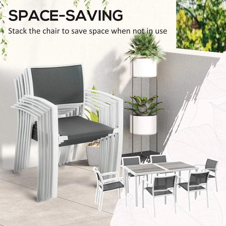 7pc, 6-Seat Steel Outdoor Patio Dining Set w Composite Tabletop, 6 Stackable Chairs, White, Grey