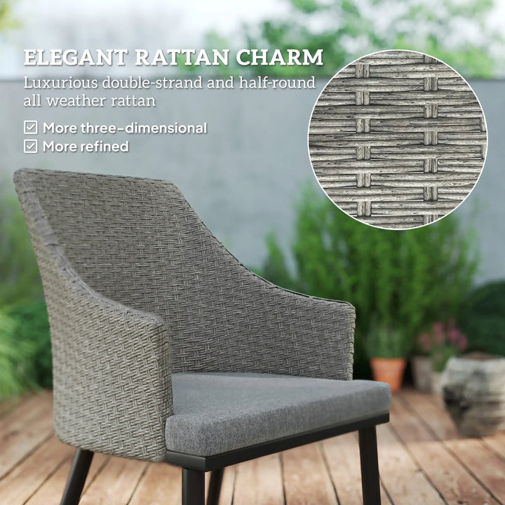 7pc, 6 Seat Chic Outdoor Patio Dining Set w Steel Slatted Table, Rattan Chairs, Umbrella Hole, Grey