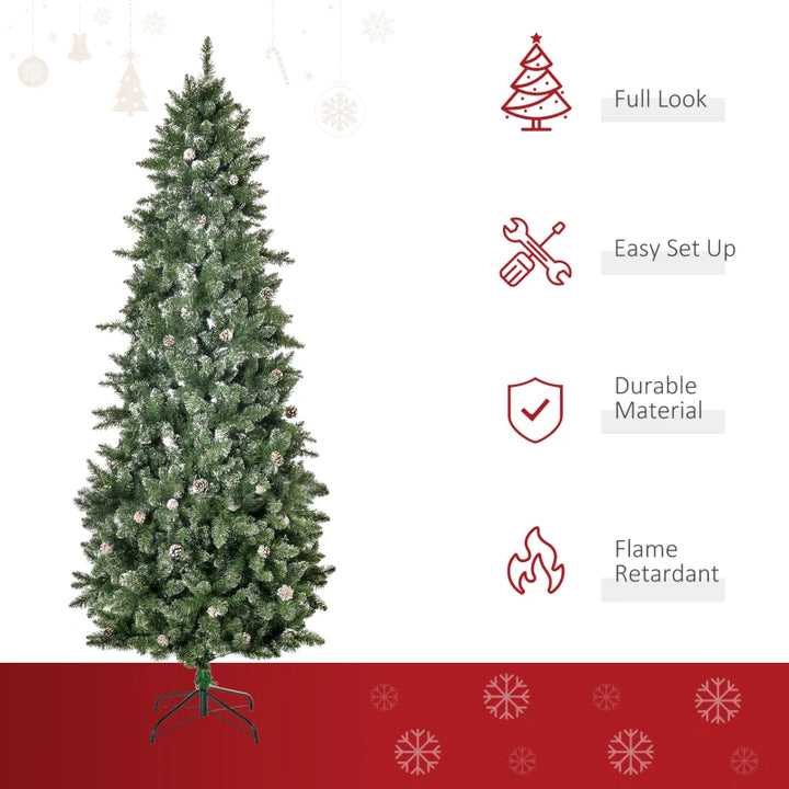7.5ft 1119-Tip Unlit Slim Artificial Christmas Holiday Tree w Pine Cones, Snowy Tips Xmas Green