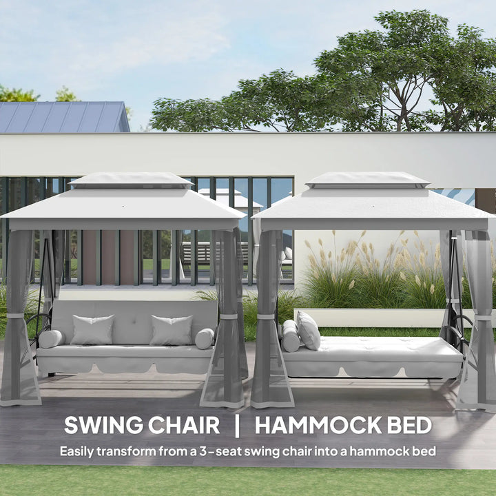 Deluxe 3-Seat Swing / Daybed w Gazebo Canopy Mesh Curtains, Cushions for Patio Garden Outdoor, Grey