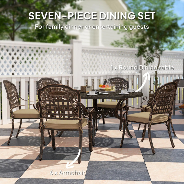 7pc Cast Aluminum Round Dining Table Set w 6 Chairs, Cushions, Outdoor Patio, Bronze Brown, Beige