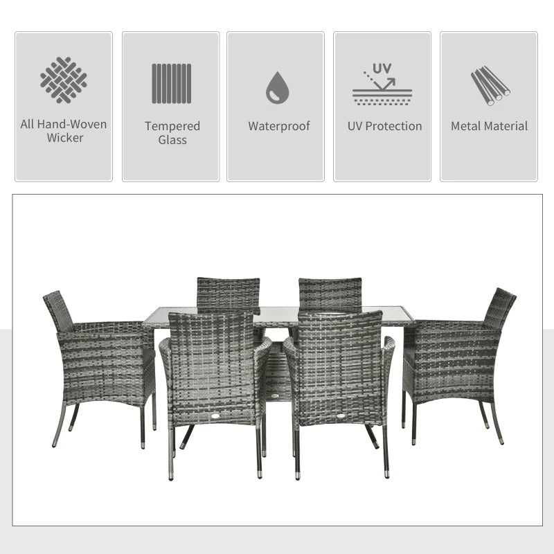 7pc PE Rattan Wicker Dining Set w 6 Arm Chairs & Glass Table Top, Outdoor Patio, Mixed Grey