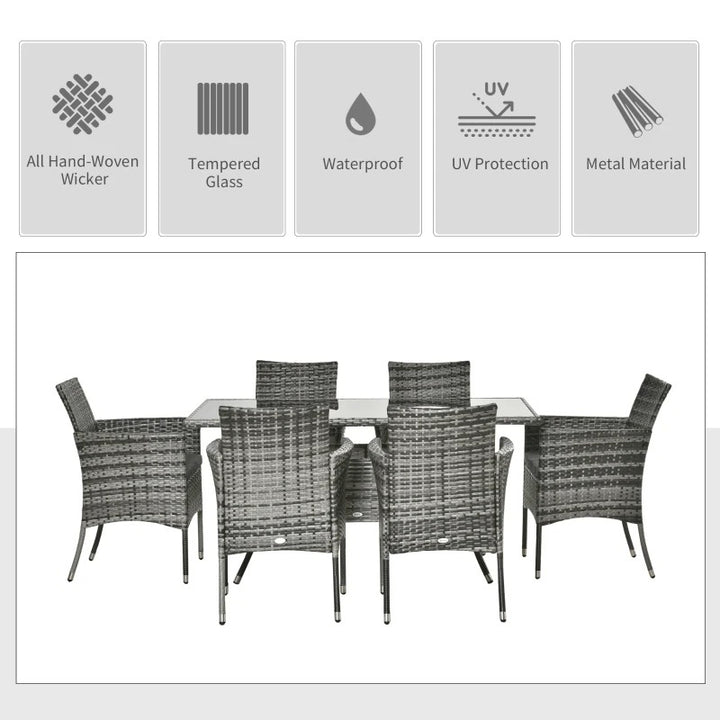 7pc PE Rattan Wicker Dining Set w 6 Arm Chairs & Glass Table Top, Outdoor Patio, Mixed Grey