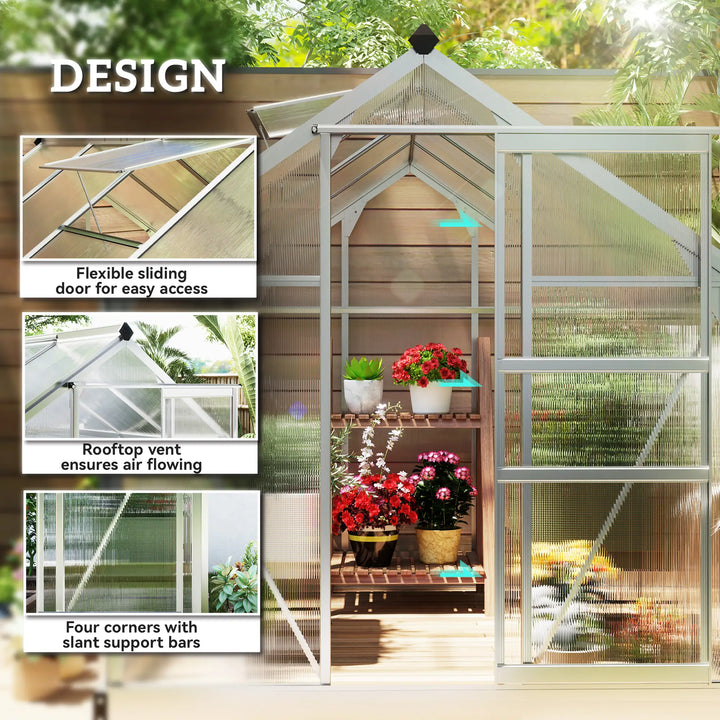 8' x 6' x 6.6' Walk-in Aluminum PC Hard Sided Greenhouse w Foundation for Outdoor Plants Gardening