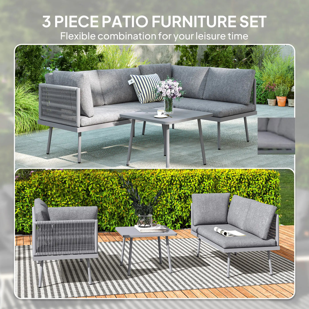 3pc, 4-Seat Steel Wicker L-Shape Sectional Conversation Love Seat Outdoor Patio Set w Table, Grey