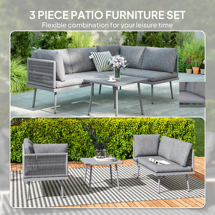 3pc, 4-Seat Steel Wicker L-Shape Sectional Conversation Love Seat Outdoor Patio Set w Table, Grey