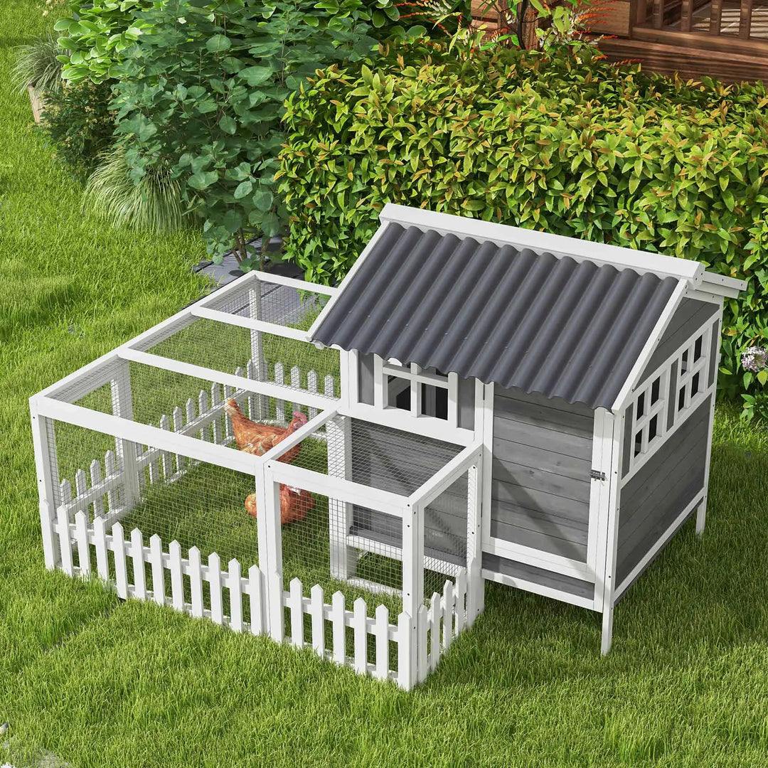 Deluxe Wooden Chicken Coop Hen House w Windows, Ramp, Nesting Box, Fence for Rabbit, Ducks, Grey