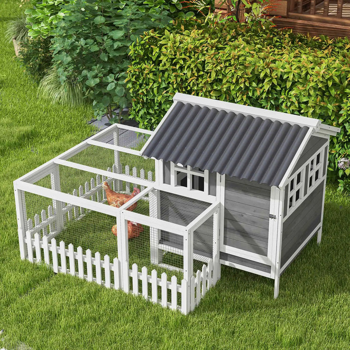 Deluxe Wooden Chicken Coop Hen House w Windows, Ramp, Nesting Box, Fence for Rabbit, Ducks, Grey