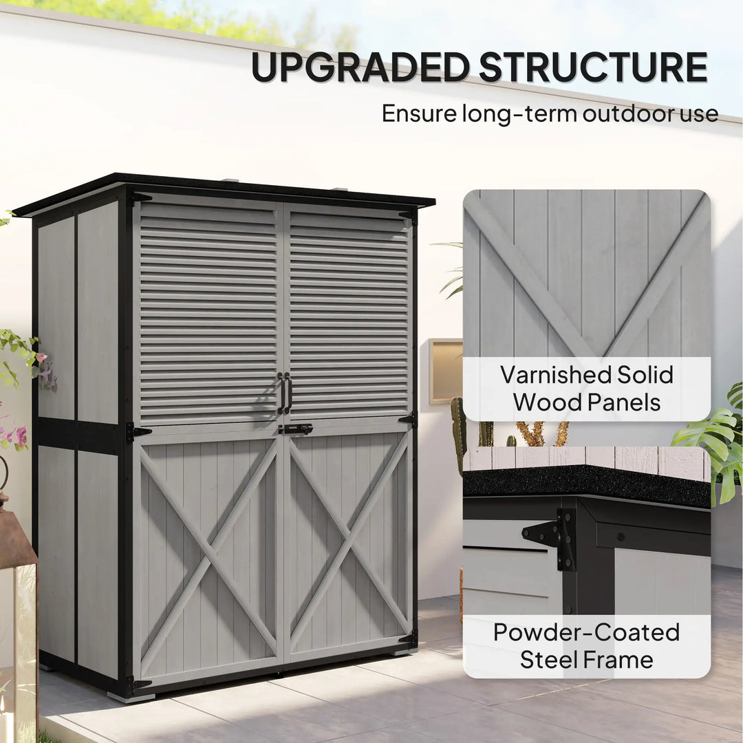 55"L x 29"W x 63"H Outdoor Storage Shed Cabinet w Shelves, Asphalt Roof, 2 Doors, Fir Wood, Grey