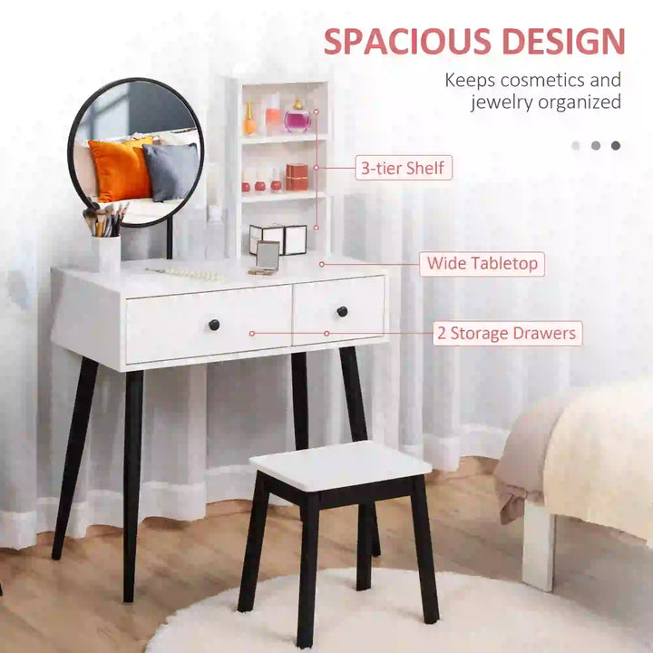 Chic Vanity Makeup Bedroom Dressing Table w Mirror, Stool, Drawers, Open Shelves, White & Black