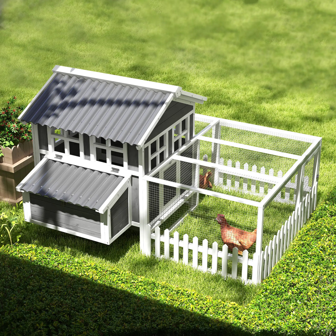 Deluxe Wooden Chicken Coop Hen House w Windows, Ramp, Nesting Box, Fence for Rabbit, Ducks, Grey