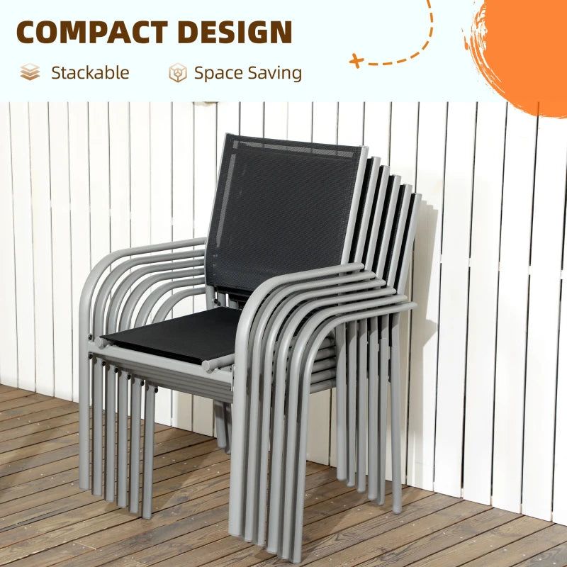 7pc, 6 Seat Outdoor Patio Dining Set w Tempered Glass Table Mesh Stackable Chairs - Black, Grey