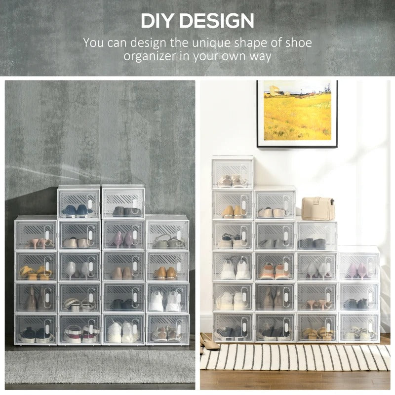 18 Cube Stackable Modular Shoe Rack Home Storage Organizer Shelf Cabinet w Doors, Clear & White