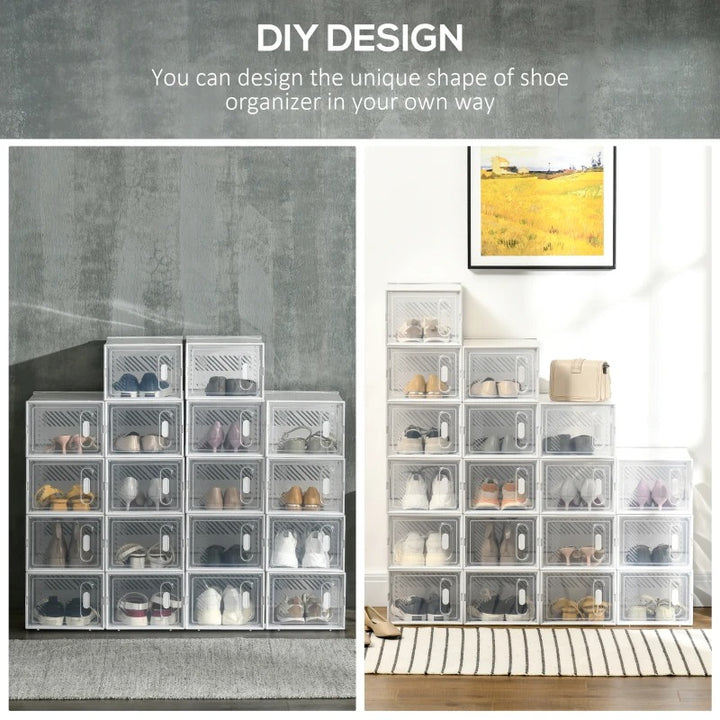 18 Cube Stackable Modular Shoe Rack Home Storage Organizer Shelf Cabinet w Doors, Clear & White