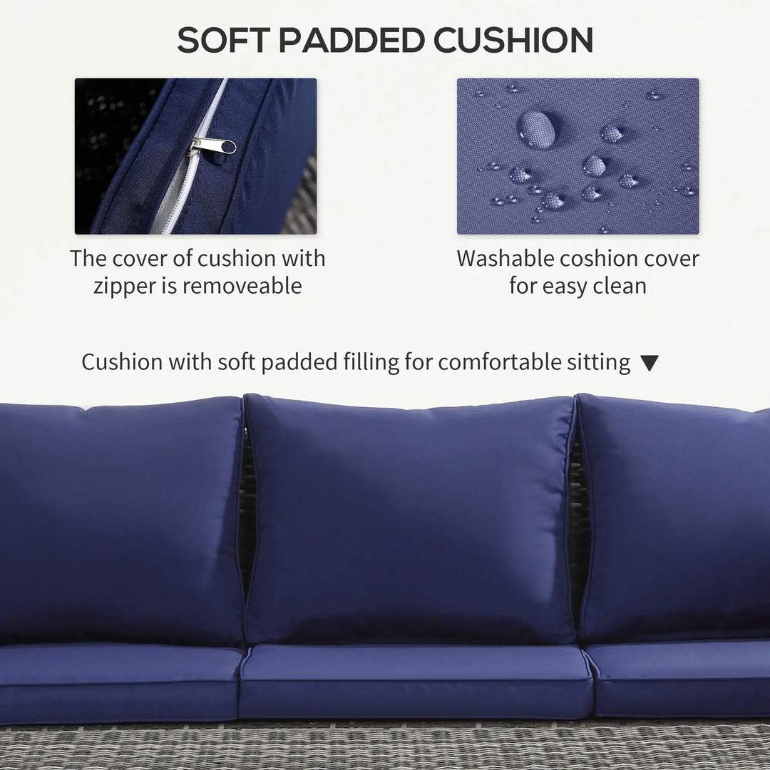 6pc 7-Seat Premium PE Rattan Wicker Conversation Outdoor Patio Set, Cushions Storage, Grey, Dk Blue