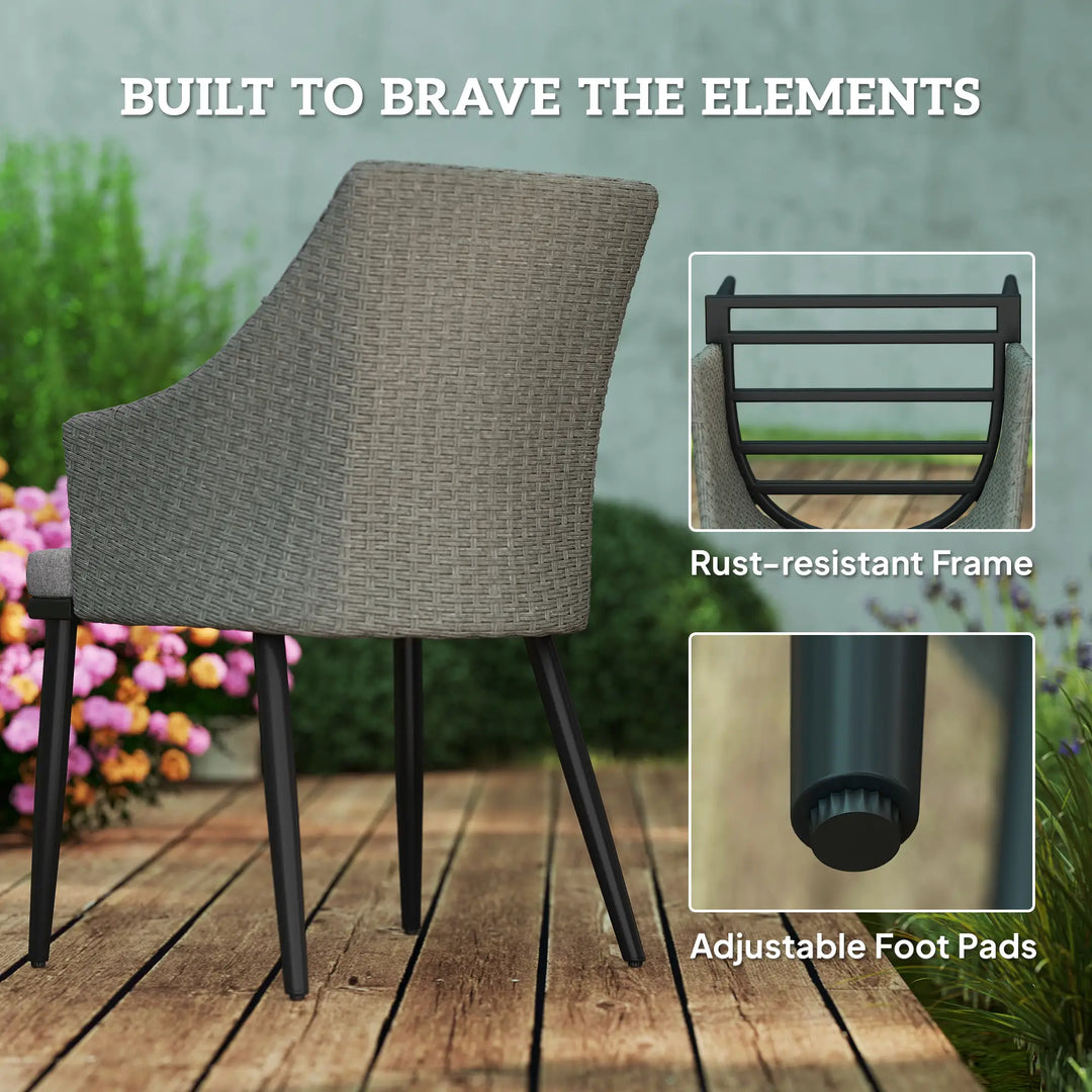 7pc, 6 Seat Chic Outdoor Patio Dining Set w Steel Slatted Table, Rattan Chairs, Umbrella Hole, Grey