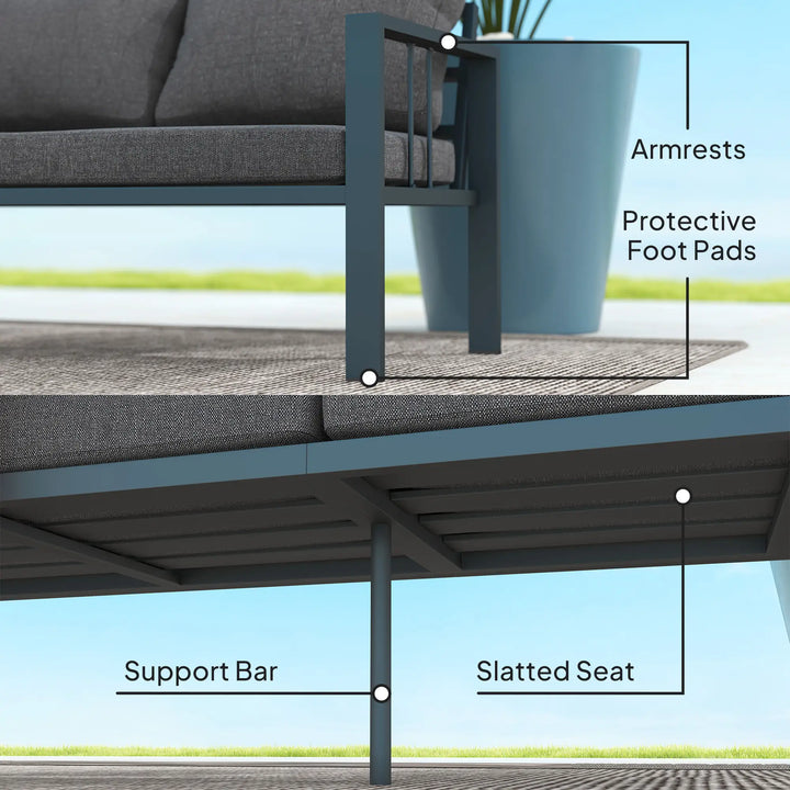 3-Seat Aluminum Conversation Sofa Couch w Cushions, Armrests for Balcony Deck Outdoor Patio, Grey
