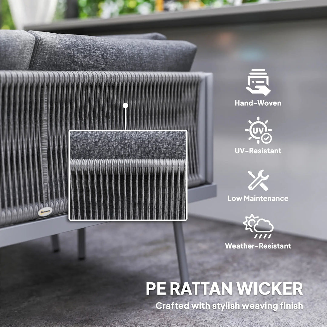 3pc, 4-Seat Steel Wicker L-Shape Sectional Conversation Love Seat Outdoor Patio Set w Table, Grey