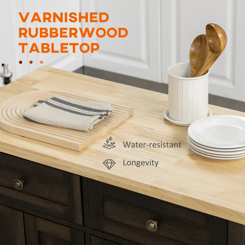 Rolling Farmhouse Kitchen Island Cart Storage Cabinet Sideboard w Wood Top, Dk Brown Woodgrain