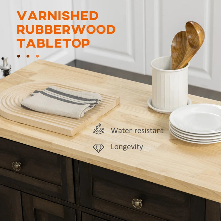 Rolling Farmhouse Kitchen Island Cart Storage Cabinet Sideboard w Wood Top, Dk Brown Woodgrain