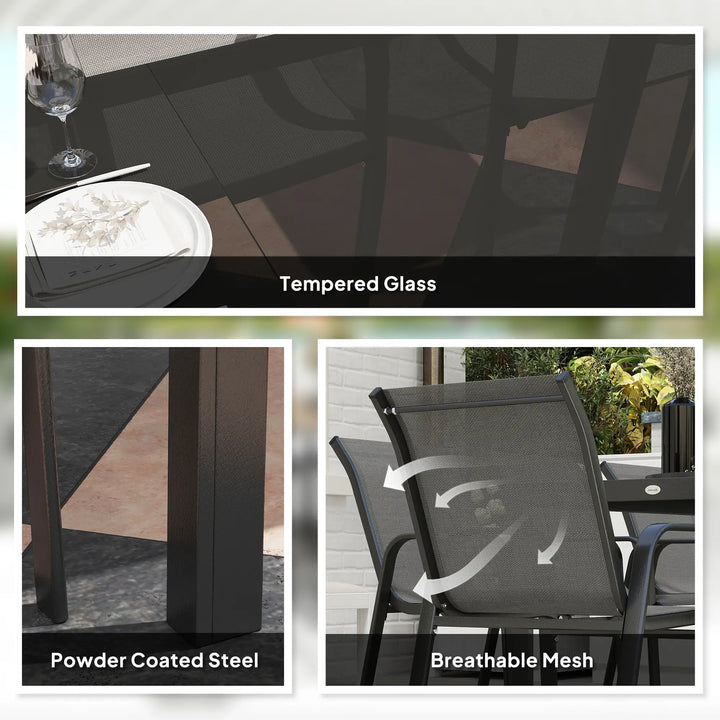 9pc 8-Seat Steel Outdoor Dining Set w Glass Tabletop, 8 Stackable Chairs, Garden Patio, Black, Grey