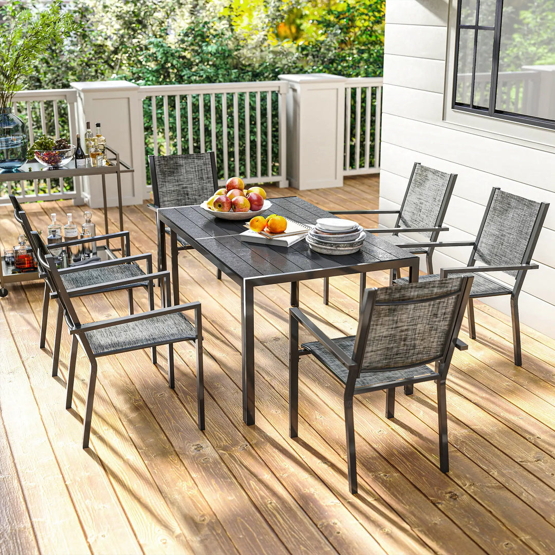 7pc, 6-Seat Steel Outdoor Patio Dining Set, Composite Tabletop, 6 Stackable Chairs, Black, Mix Grey