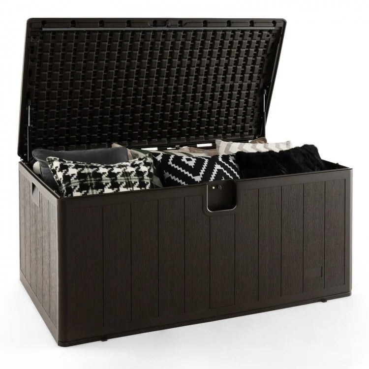 50" 130 Gal Plastic All Weather Deck Box w Lockable Lid, Storage Container Outdoor Patio, Brown