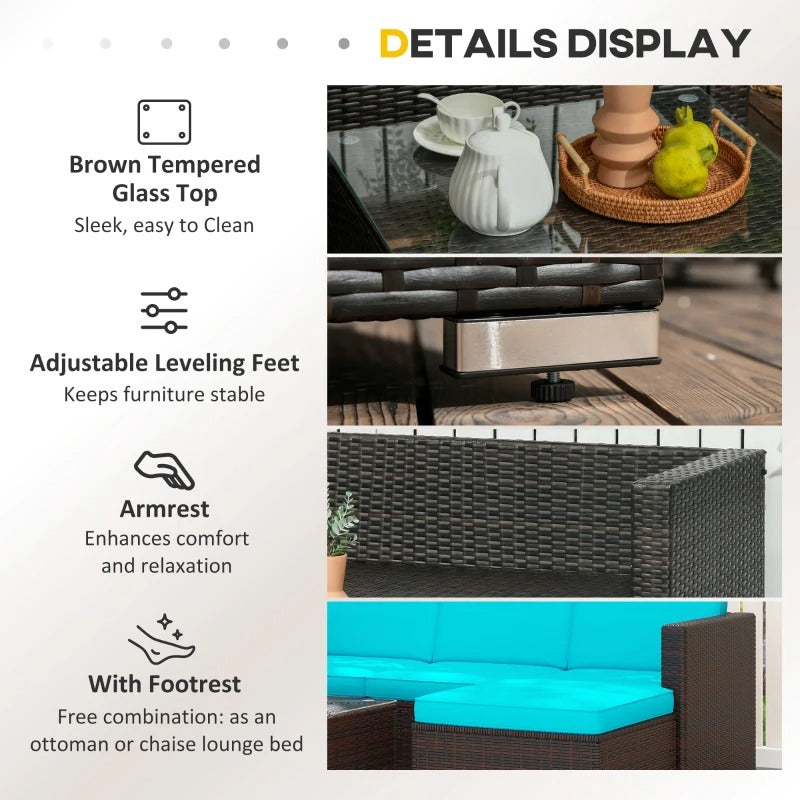 3pc Compact PE Rattan Wicker Conversation Sofa Set w/ Cushions Outdoor Patio - Brown, Turquoise