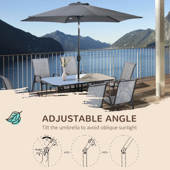 8pc Outdoor Dining Patio Set, 6 Sling Armchairs Glass Table, 8.5' Tilting Umbrella Canopy, Grey
