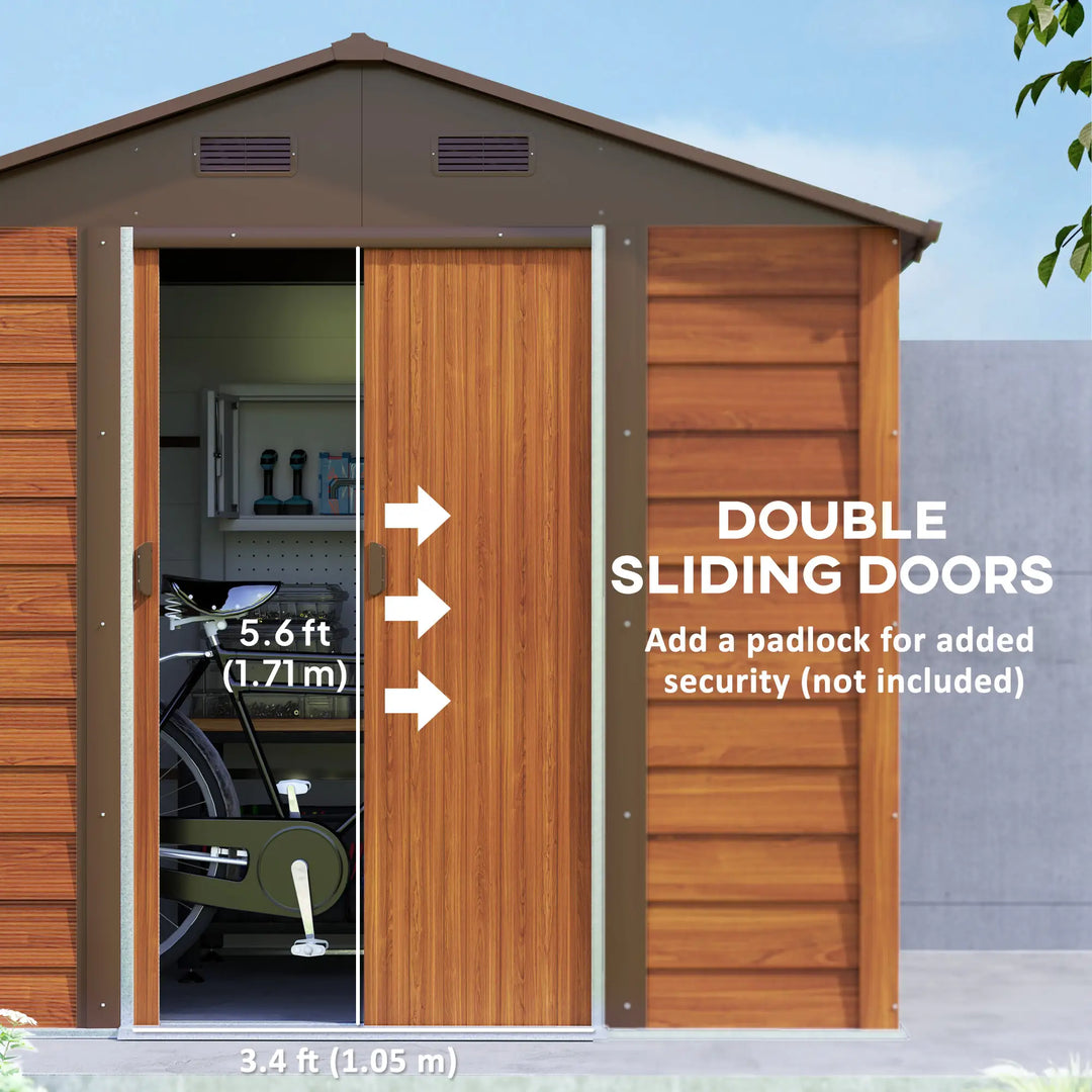 7.7' x 6.4' x 6.8'  Galv Steel Outdoor Storage Shed Garden Tool Organizer, Stained Woodgrain Brown