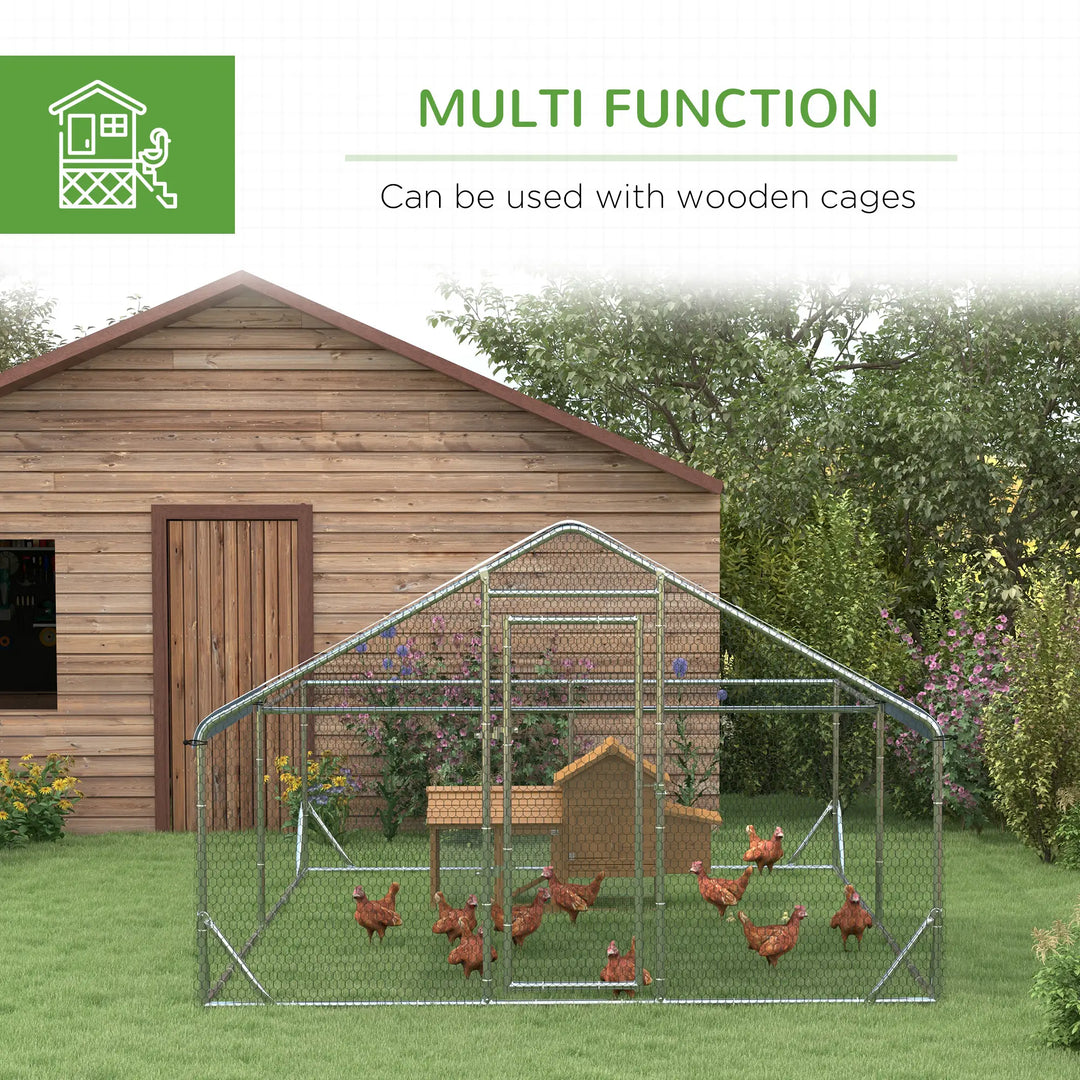 13' x 9.8' x 6.4' Galv Steel Outdoor Chicken Run Coop Cage Shelter w Cover, Fence for Back Yard