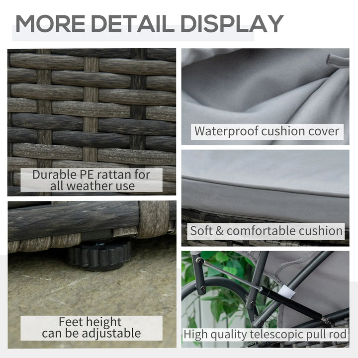 2pc Rattan Wicker Round Canopy Daybed Lounger Outdoor Patio Sofa Plus Bench w Cushions, Mixed Grey