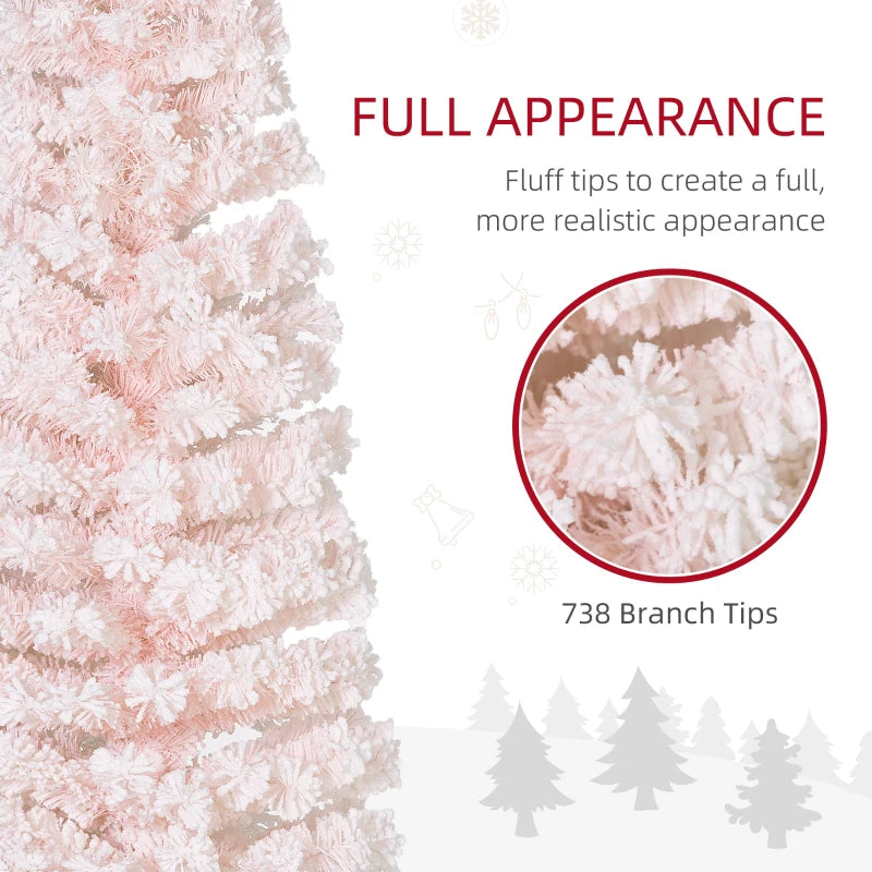 7.5ft 738-Tip Unlit Snow Flocked Slim Artificial Pencil Christmas Holiday Fake Xmas Tree, Pink