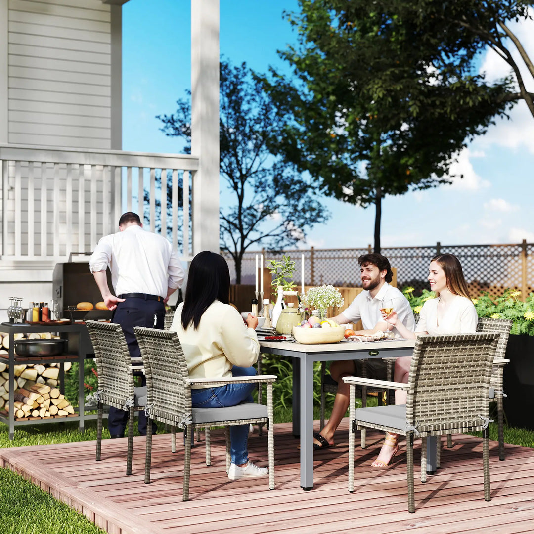 7pc, 6-Seat Rattan Wicker Compact Dining Set w Wood Tabletop, Cushions for Outdoor Deck Patio, Grey