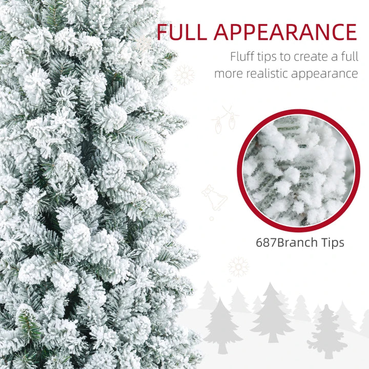 7ft 687-Tip Unlit Snow Flocked Slim Artificial Pencil Christmas Holiday Fake Xmas Tree, Green