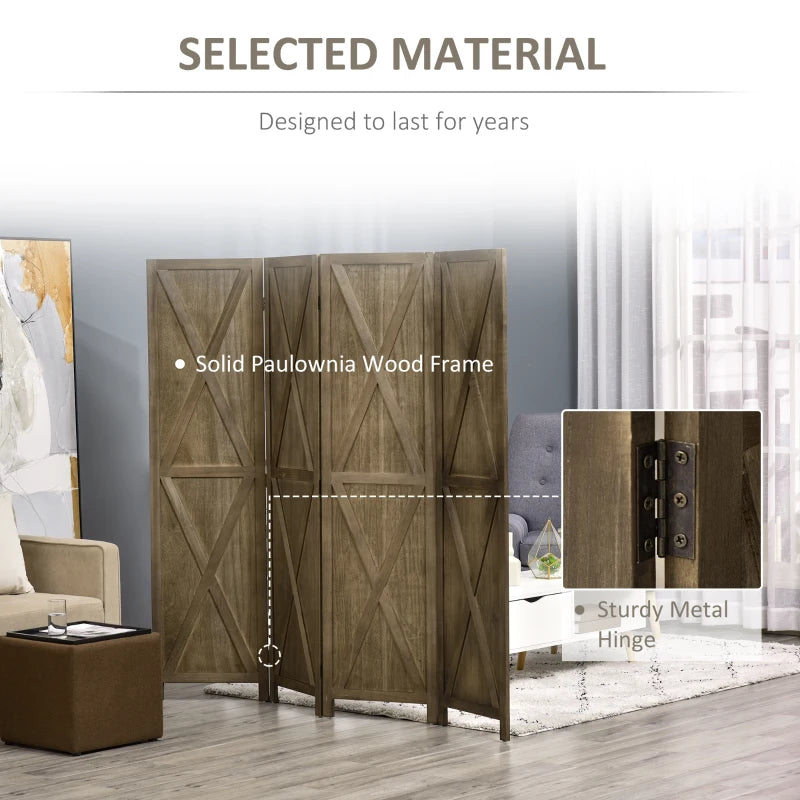 4-Panel Farmhouse Wood Room Divider Privacy Screen Partition w Barndoor Design, Rustic Brown