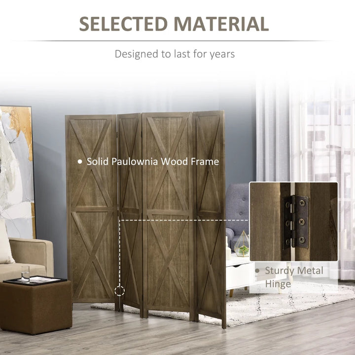 4-Panel Farmhouse Wood Room Divider Privacy Screen Partition w Barndoor Design, Rustic Brown