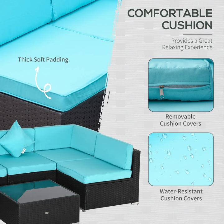 7pc Rattan Wicker Sectional Conversation Furniture Set w Cushions, Outdoor Patio, Aqua Blue, Brown