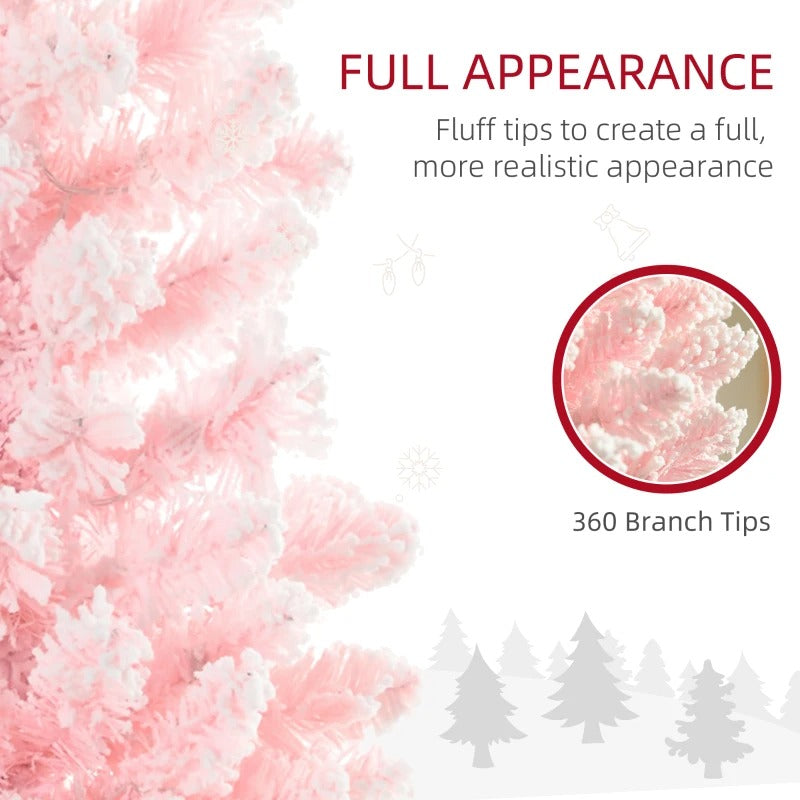 6ft 360-Tip Pre-lit Snow Flocked Artificial Pencil Christmas Holiday Tree, 200 LED Lights, Pink