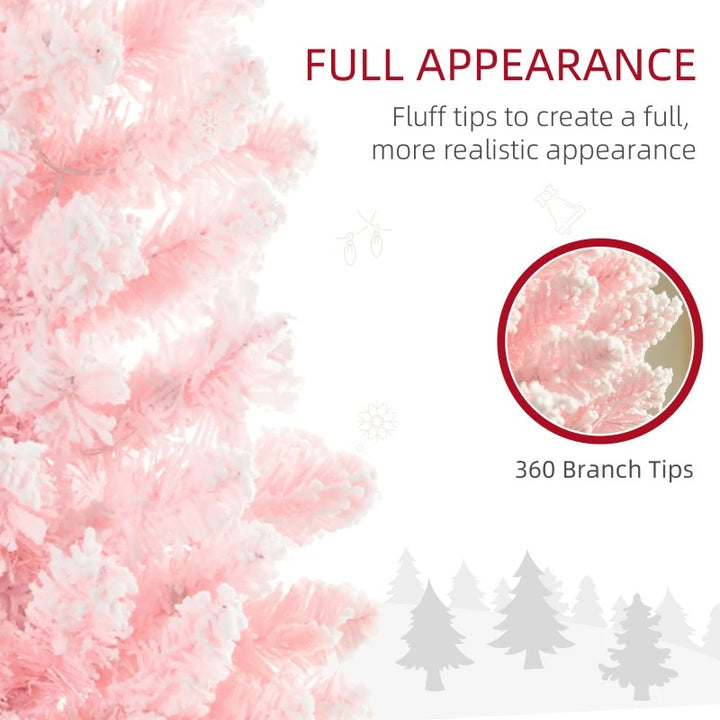 6ft 360-Tip Pre-lit Snow Flocked Artificial Pencil Christmas Holiday Tree, 200 LED Lights, Pink