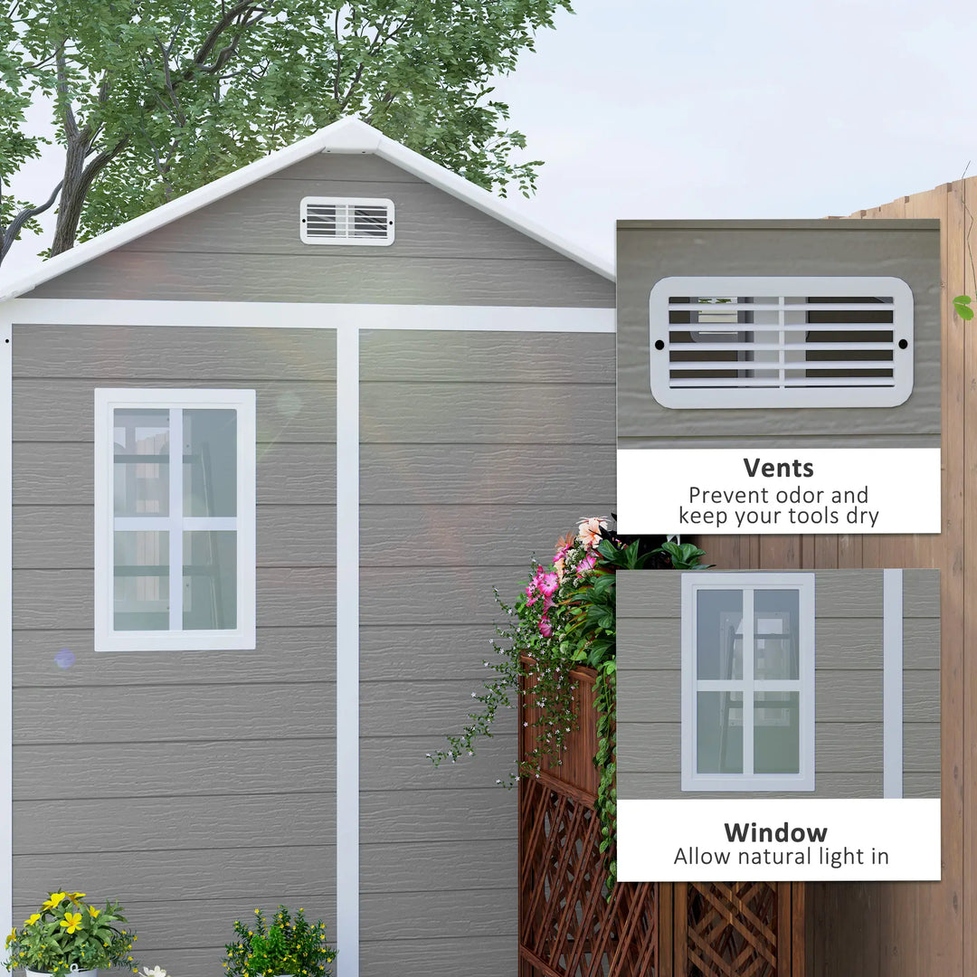 6' x 6' Resin PP Plastic Aluminum Outdoor Tool Storage Garden Shed w 2 Swing Doors, Windows, Grey