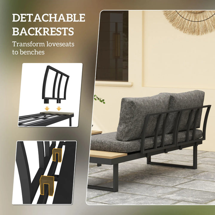 3pc Modular Aluminum Sectional Conversation Love Seat Sofa Set w Cushions Table Outdoor Patio, Grey