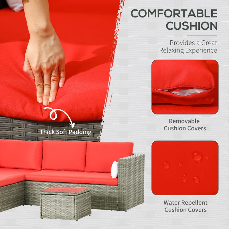 3pc Compact PE Rattan Wicker Conversation Sofa Set w Cushions for Outdoor Patio - Grey, Red