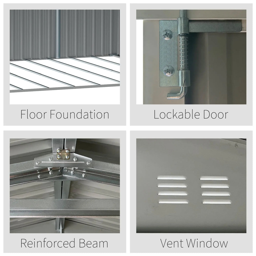 14' x 8' Large Galv Steel Outdoor Tool Bike Storage Shed w Double Swing Doors, Patio Garden, Grey