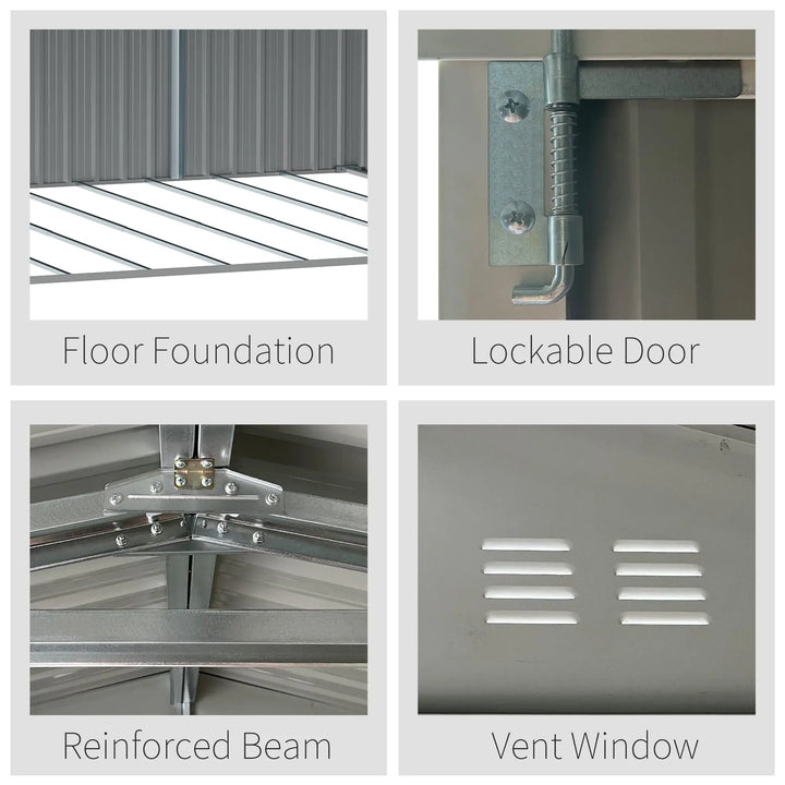 14' x 8' Large Galv Steel Outdoor Tool Bike Storage Shed w Double Swing Doors, Patio Garden, Grey