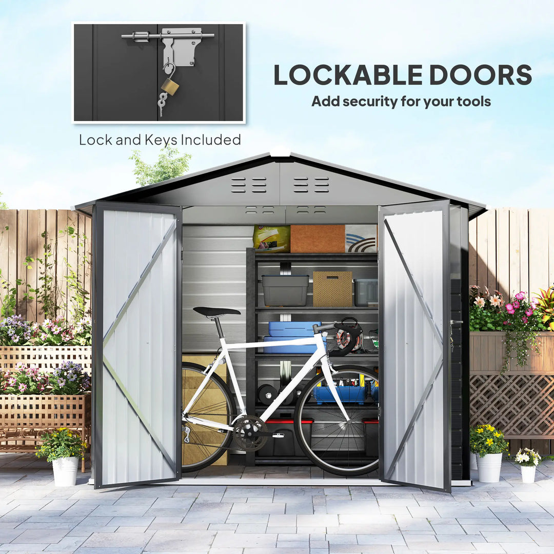 8' x 6' Galv Steel Metal Outdoor Bike Tool Storage Utility Garden Shed, Swing Doors, Windows, Grey