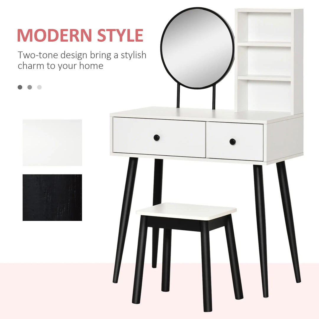 Chic Vanity Makeup Bedroom Dressing Table w Mirror, Stool, Drawers, Open Shelves, White & Black