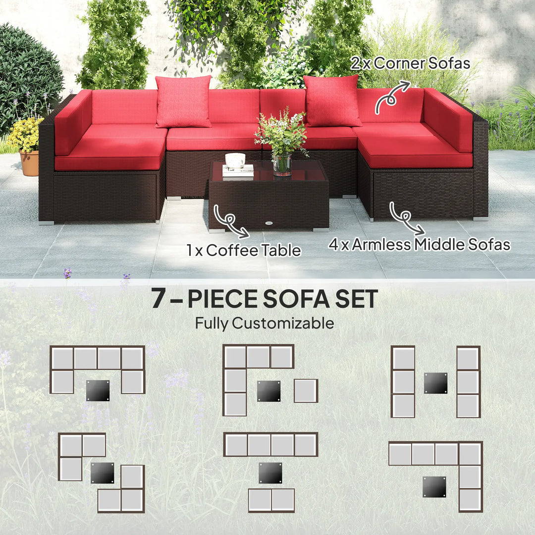 7pc 6-Seat Rattan Wicker Sectional Conversation Sofa Set w Cushions Outdoor Patio, Wine Red, Brown
